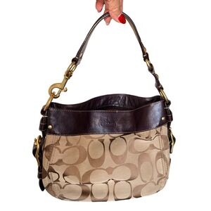 Coach Zoe Hobo Bag Womens Medium Khaki Mahogany Signature Canvas Leather Vintage
